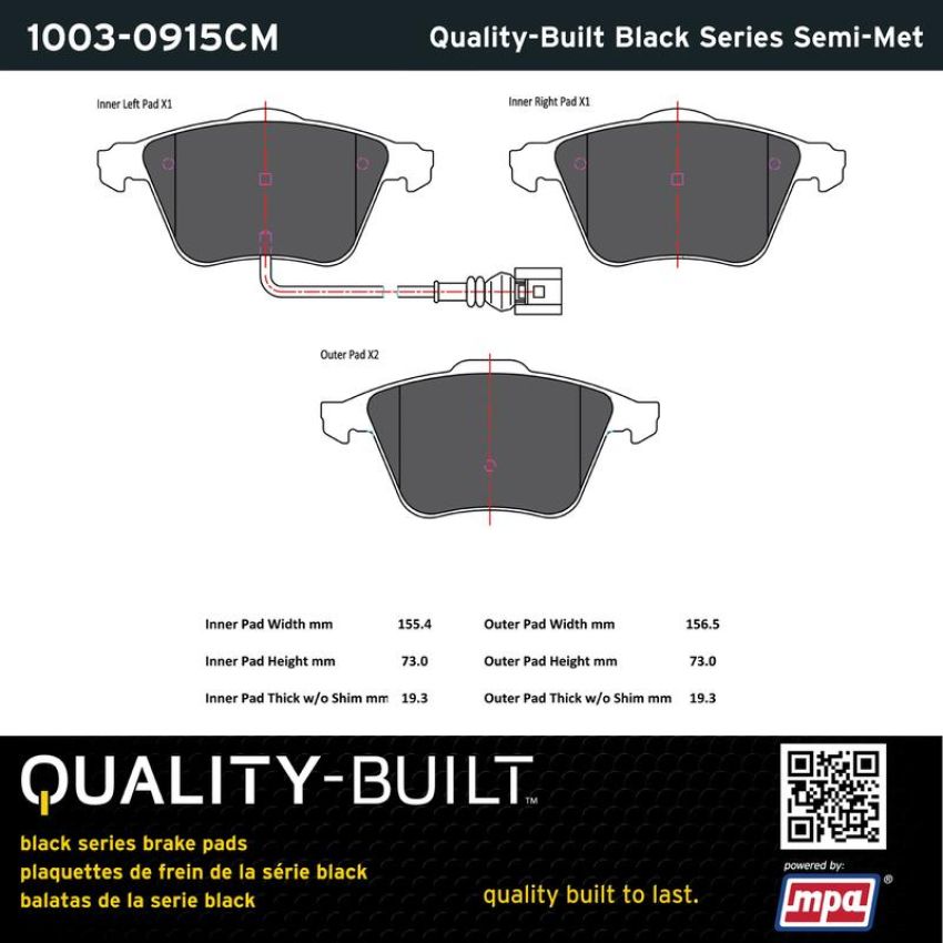 MPA 1003-0915CM Quality-Built Black Series Semi-Metallic Brake Pads w/ Hardware