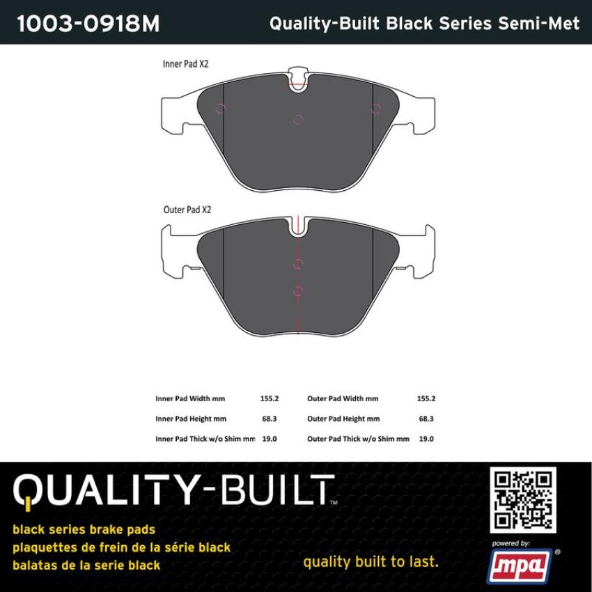 MPA 1003-0918M Quality-Built Black Series Semi-Metallic Brake Pads w/ Hardware
