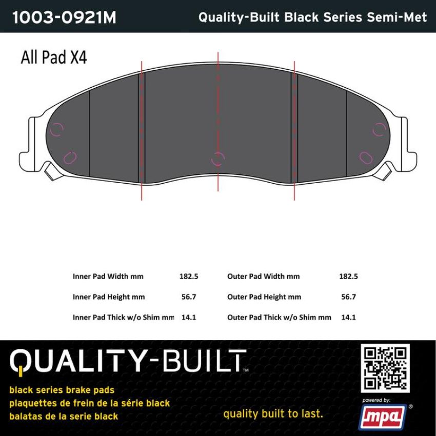 MPA 1003-0921M Quality-Built Black Series Semi-Metallic Brake Pads w/ Hardware