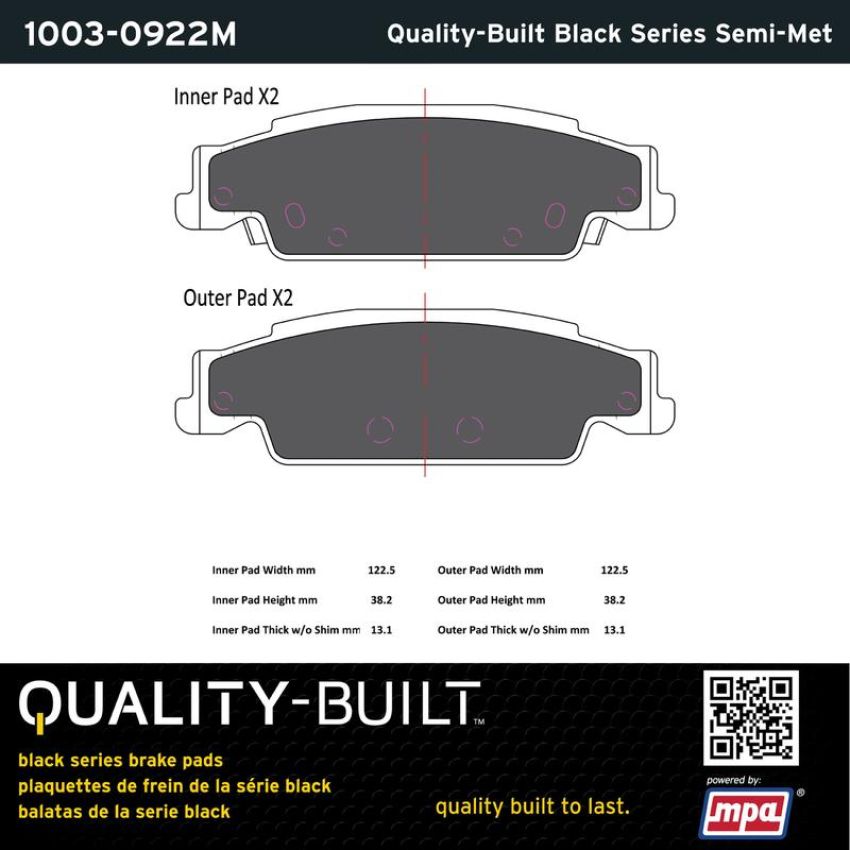 MPA 1003-0922M Quality-Built Black Series Semi-Metallic Brake Pads w/ Hardware