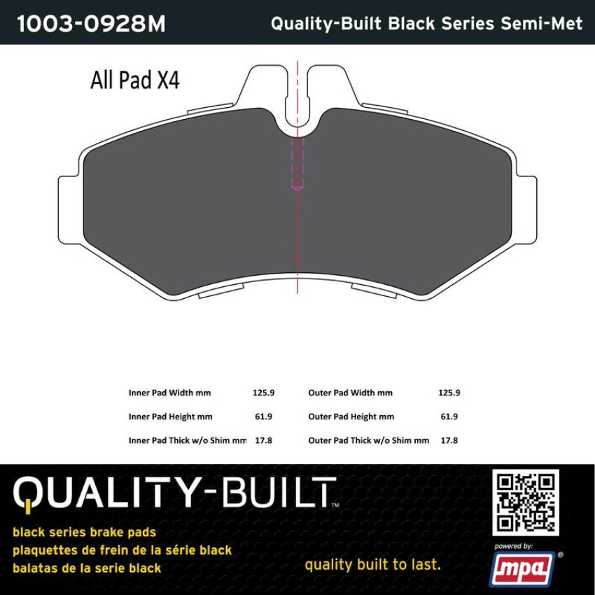 MPA 1003-0928M Quality-Built Black Series Semi-Metallic Brake Pads w/ Hardware