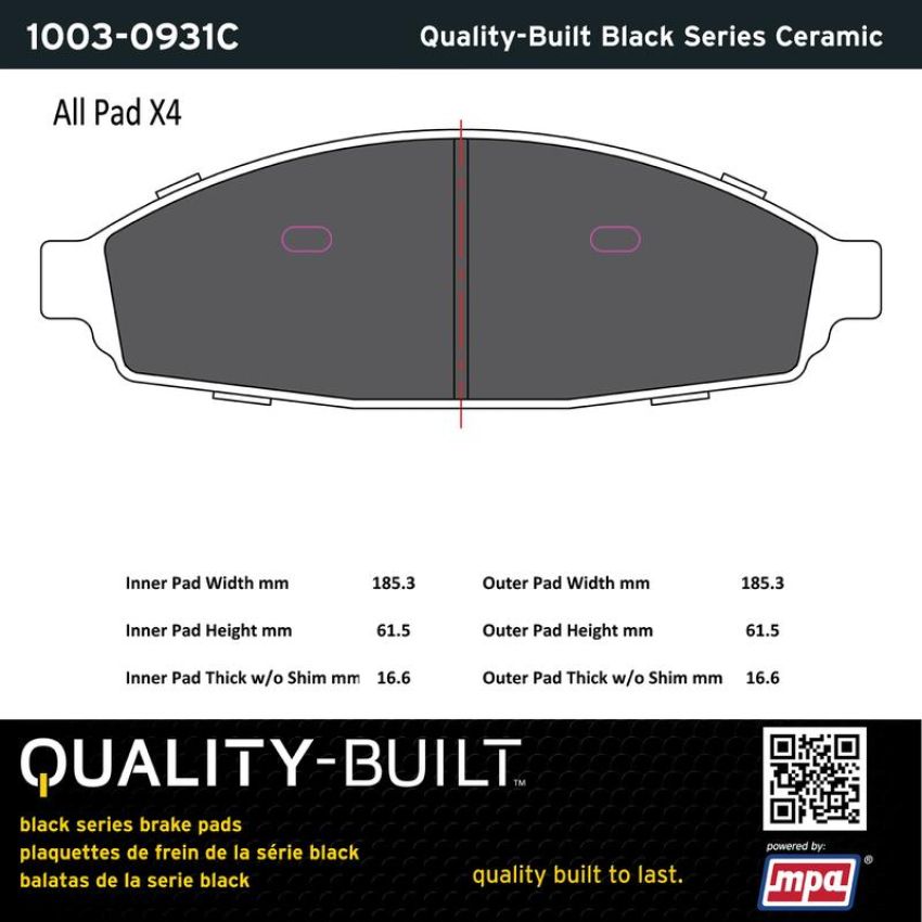 MPA 1003-0931C Quality-Built Black Series Ceramic Brake Pads w/ Hardware