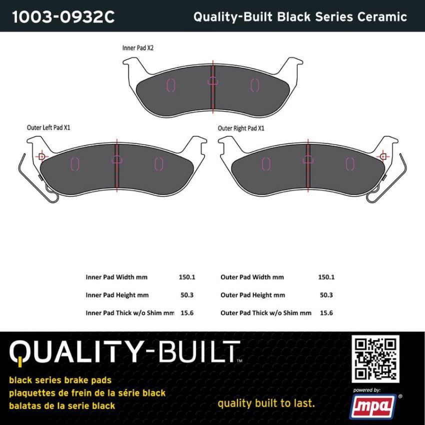 MPA 1003-0932C Quality-Built Black Series Ceramic Brake Pads w/ Hardware