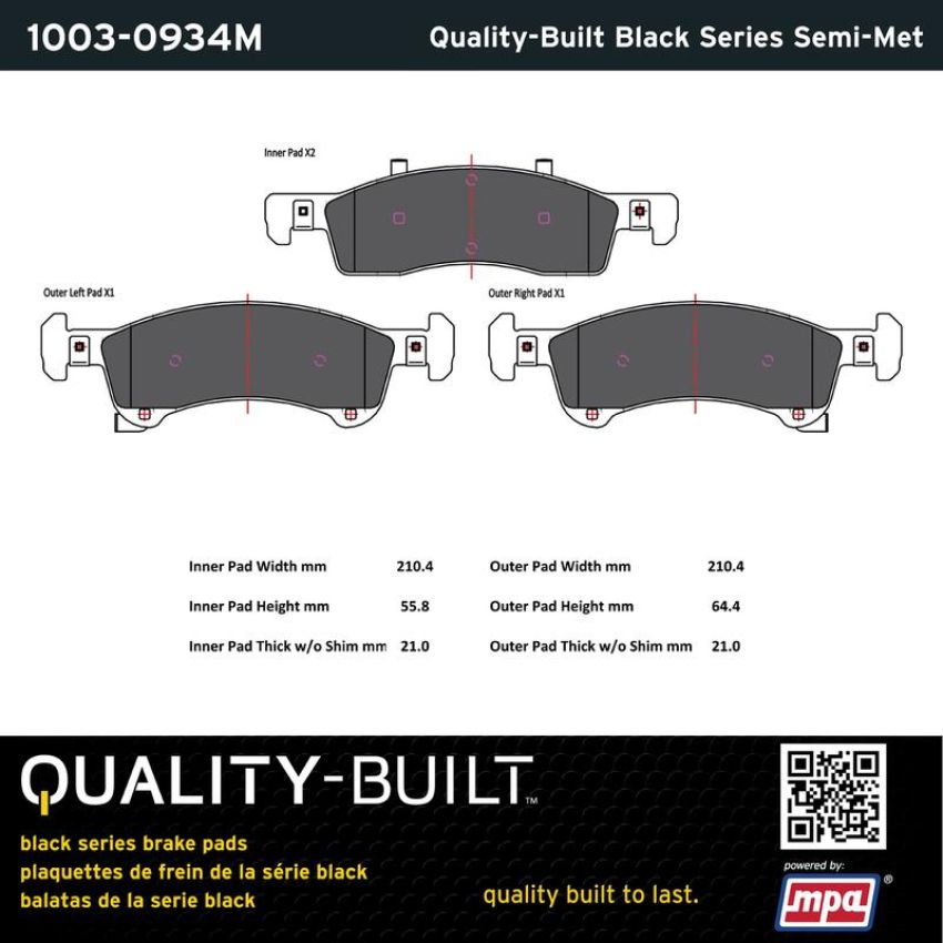 MPA 1003-0934M Quality-Built Black Series Semi-Metallic Brake Pads w/ Hardware