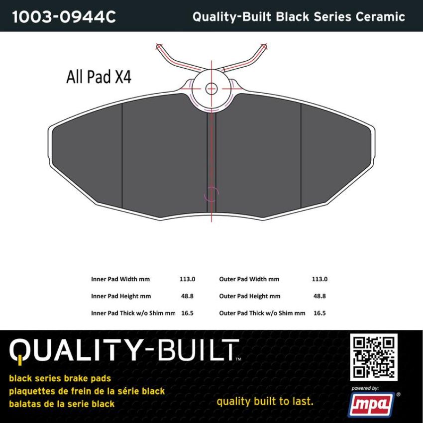 MPA 1003-0944C Quality-Built Black Series Ceramic Brake Pads w/ Hardware