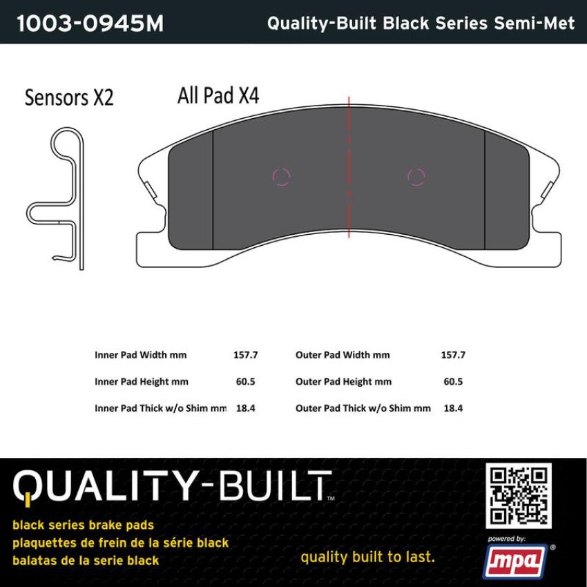 MPA 1003-0945M Quality-Built Black Series Semi-Metallic Brake Pads w/ Hardware
