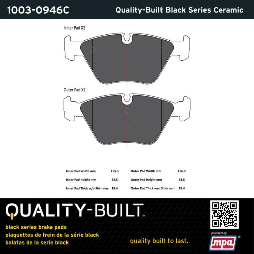 MPA 1003-0946C Quality-Built Black Series Ceramic Brake Pads w/ Hardware