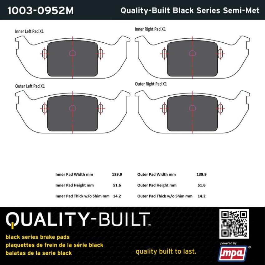 MPA 1003-0952M Quality-Built Black Series Semi-Metallic Brake Pads w/ Hardware
