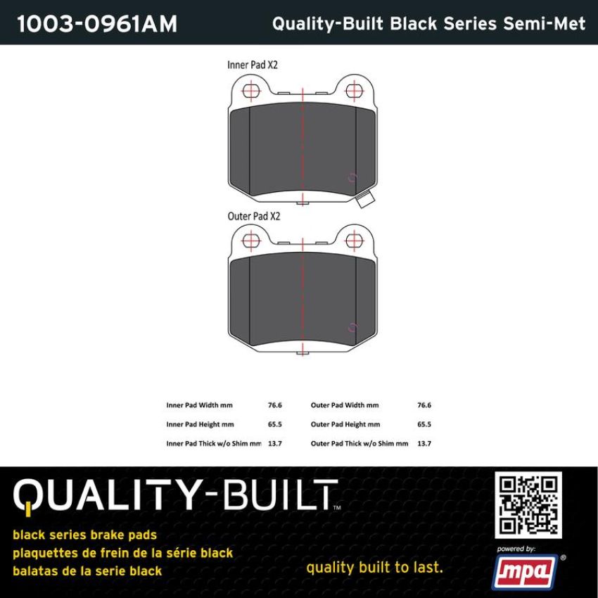 MPA 1003-0961AM Quality-Built Black Series Semi-Metallic Brake Pads w/ Hardware