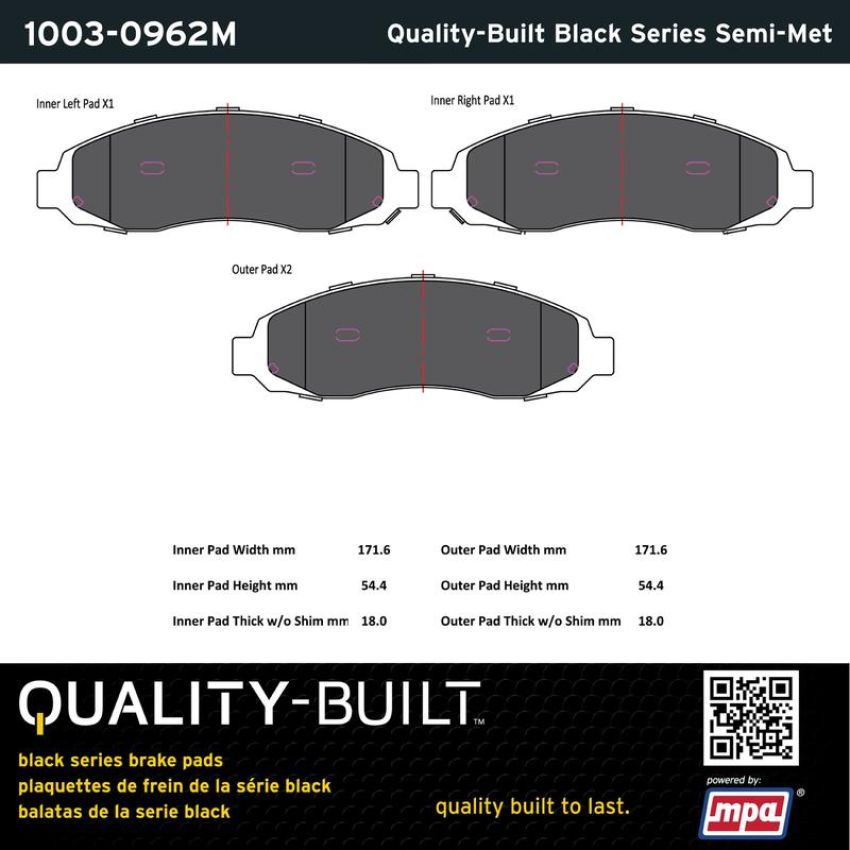 MPA 1003-0962M Quality-Built Black Series Semi-Metallic Brake Pads w/ Hardware