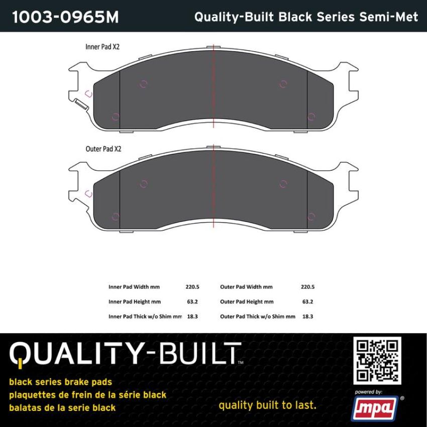 MPA 1003-0965M Quality-Built Black Series Semi-Metallic Brake Pads w/ Hardware