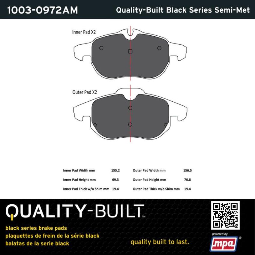 MPA 1003-0972AM Quality-Built Black Series Semi-Metallic Brake Pads w/ Hardware