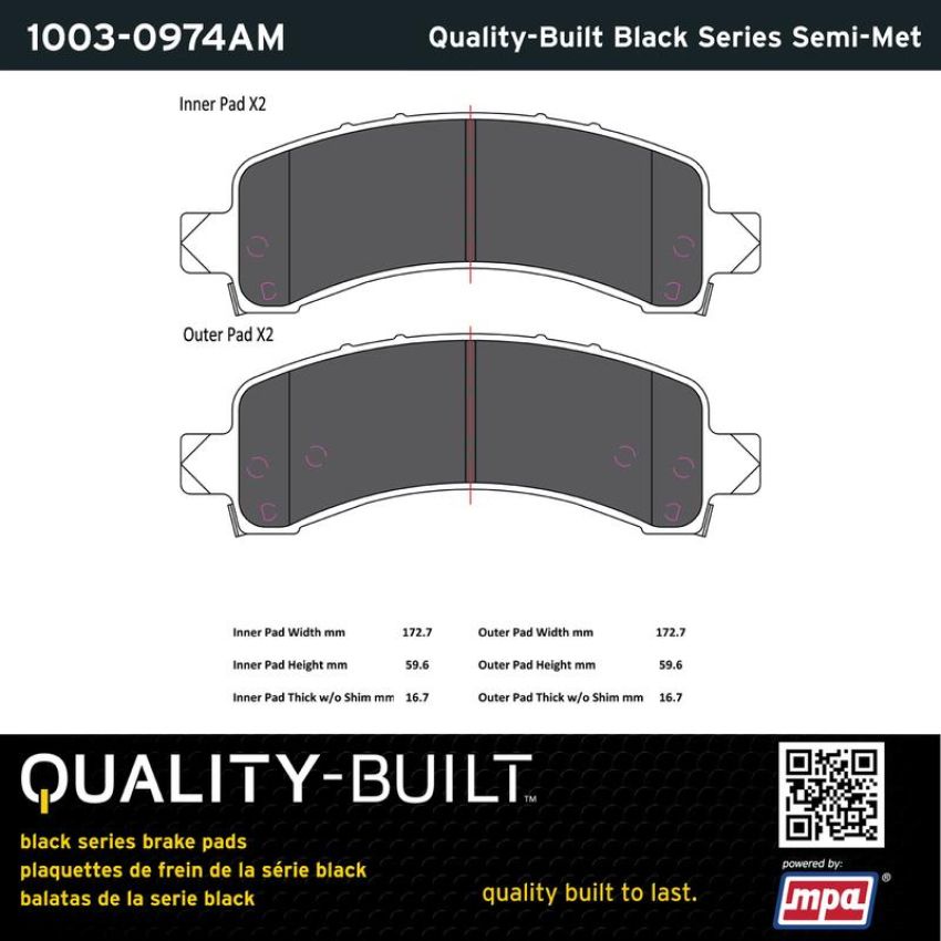 MPA 1003-0974AM Quality-Built Black Series Semi-Metallic Brake Pads w/ Hardware