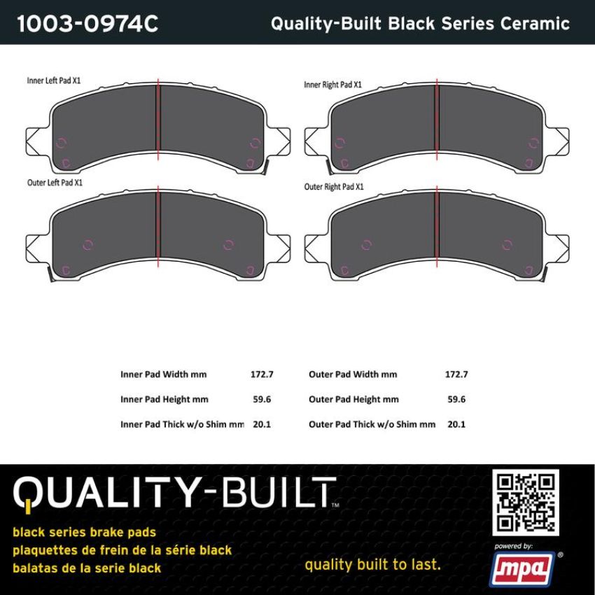MPA 1003-0974C Quality-Built Black Series Ceramic Brake Pads w/ Hardware