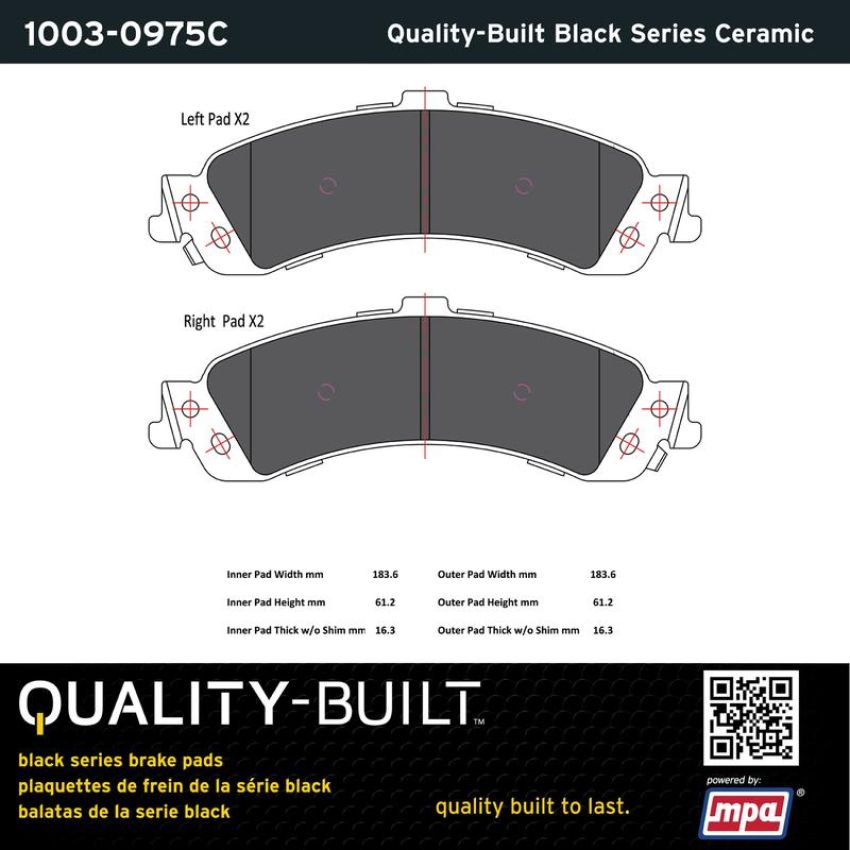 MPA 1003-0975C Quality-Built Black Series Ceramic Brake Pads w/ Hardware