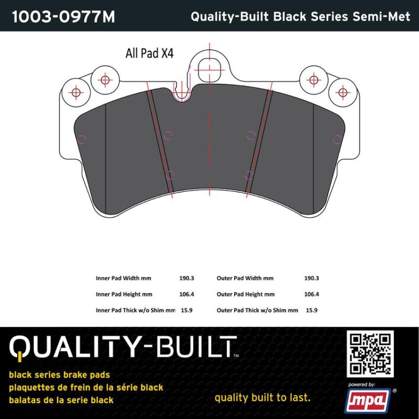 MPA 1003-0977M Quality-Built Black Series Semi-Metallic Brake Pads w/ Hardware