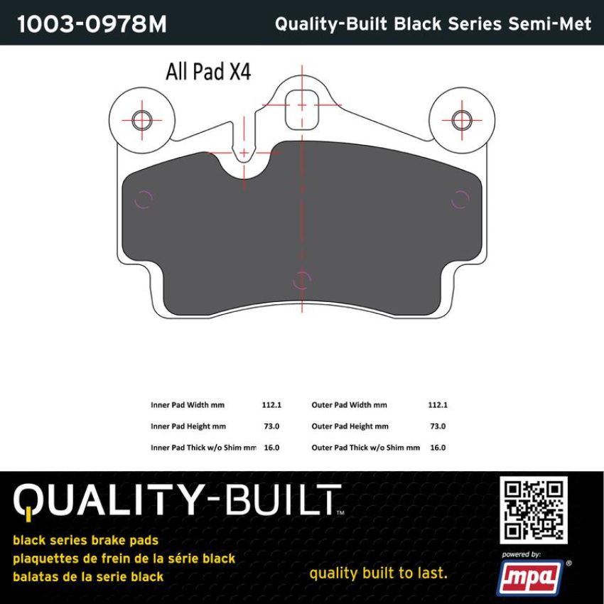 MPA 1003-0978M Quality-Built Black Series Semi-Metallic Brake Pads w/ Hardware
