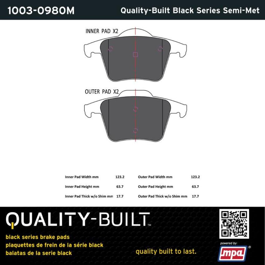 MPA 1003-0980M Quality-Built Black Series Semi-Metallic Brake Pads w/ Hardware