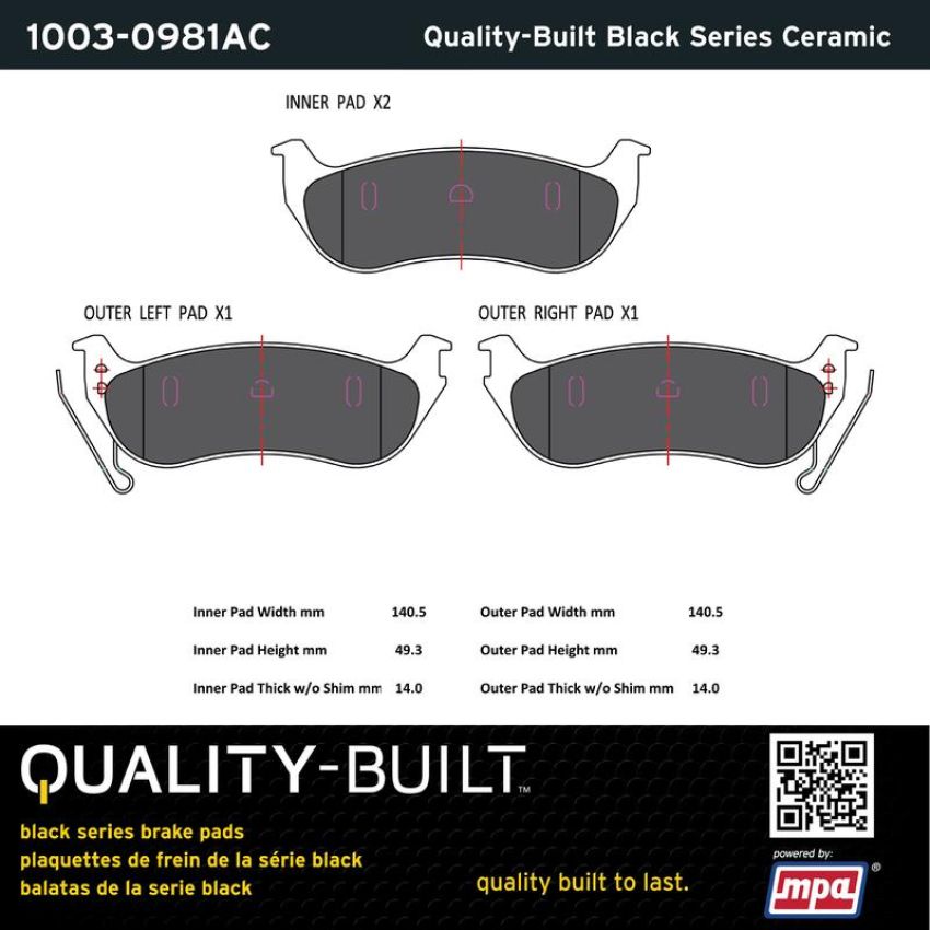MPA 1003-0981AC Quality-Built Black Series Ceramic Brake Pads w/ Hardware