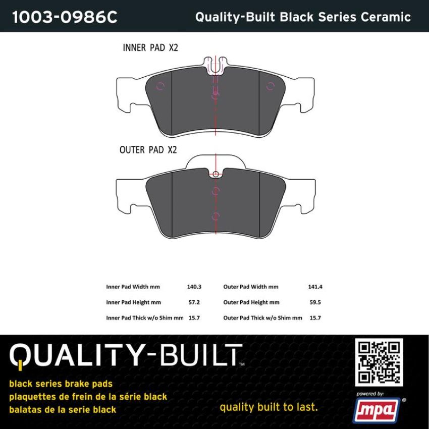 MPA 1003-0986C Quality-Built Black Series Ceramic Brake Pads w/ Hardware