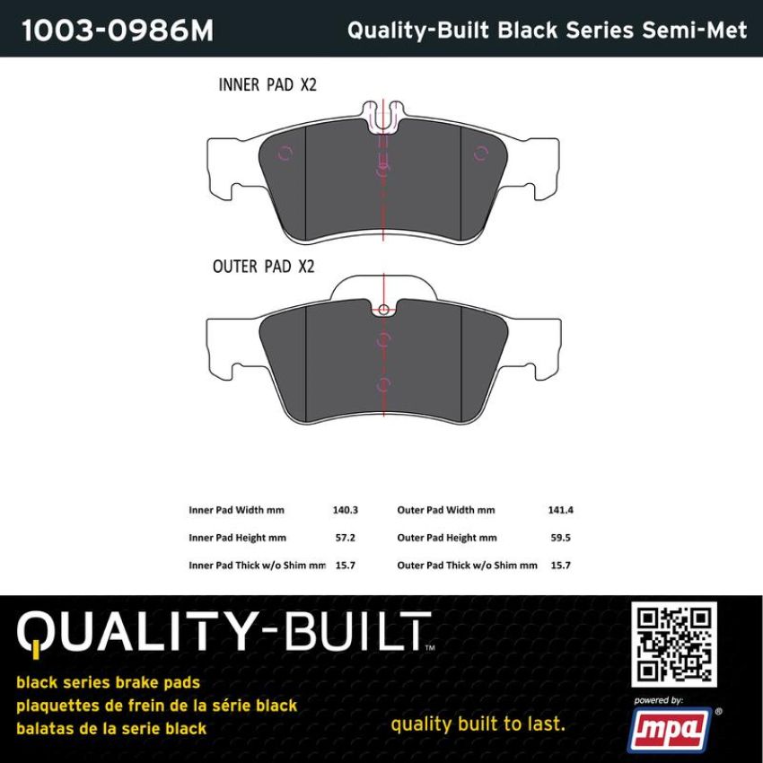 MPA 1003-0986M Quality-Built Black Series Semi-Metallic Brake Pads w/ Hardware