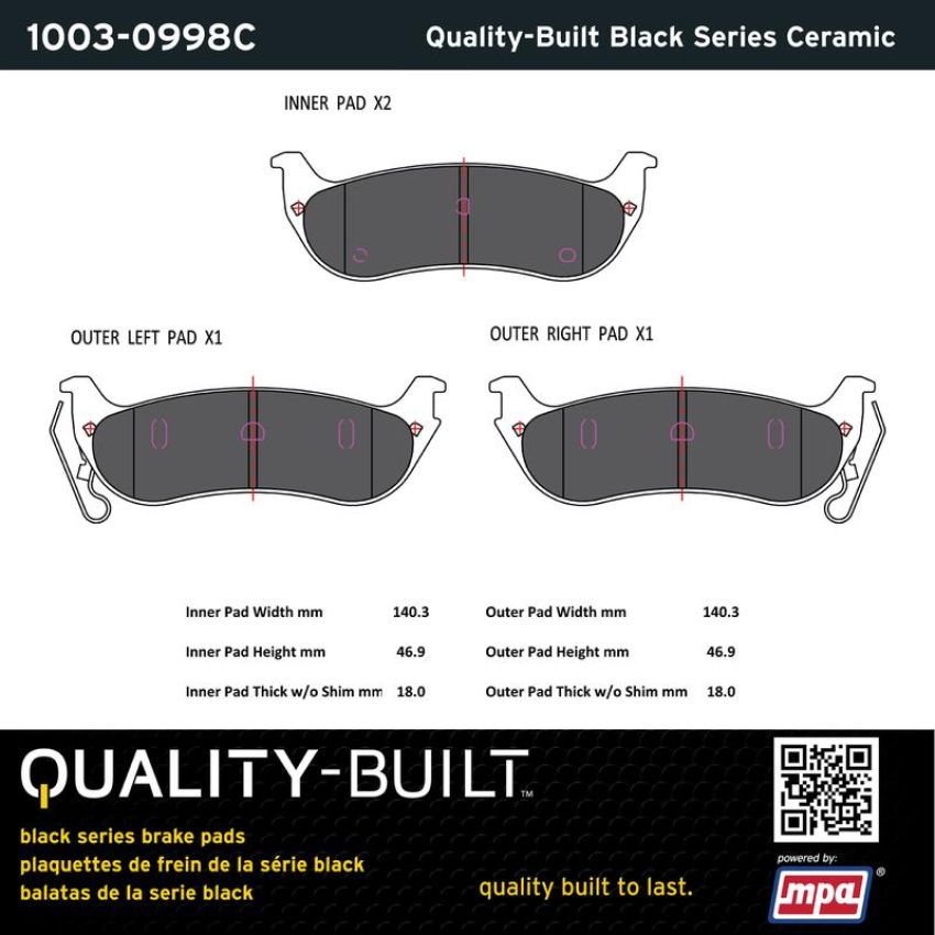 MPA 1003-0998C Quality-Built Black Series Ceramic Brake Pads w/ Hardware