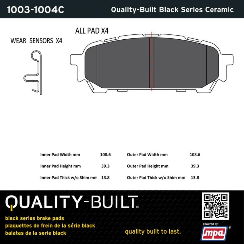 MPA 1003-1004C Quality-Built Black Series Ceramic Brake Pads w/ Hardware