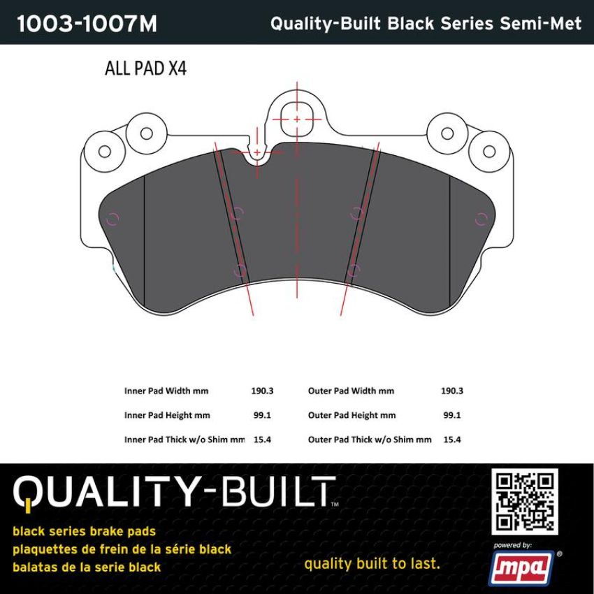 MPA 1003-1007M Quality-Built Black Series Semi-Metallic Brake Pads w/ Hardware