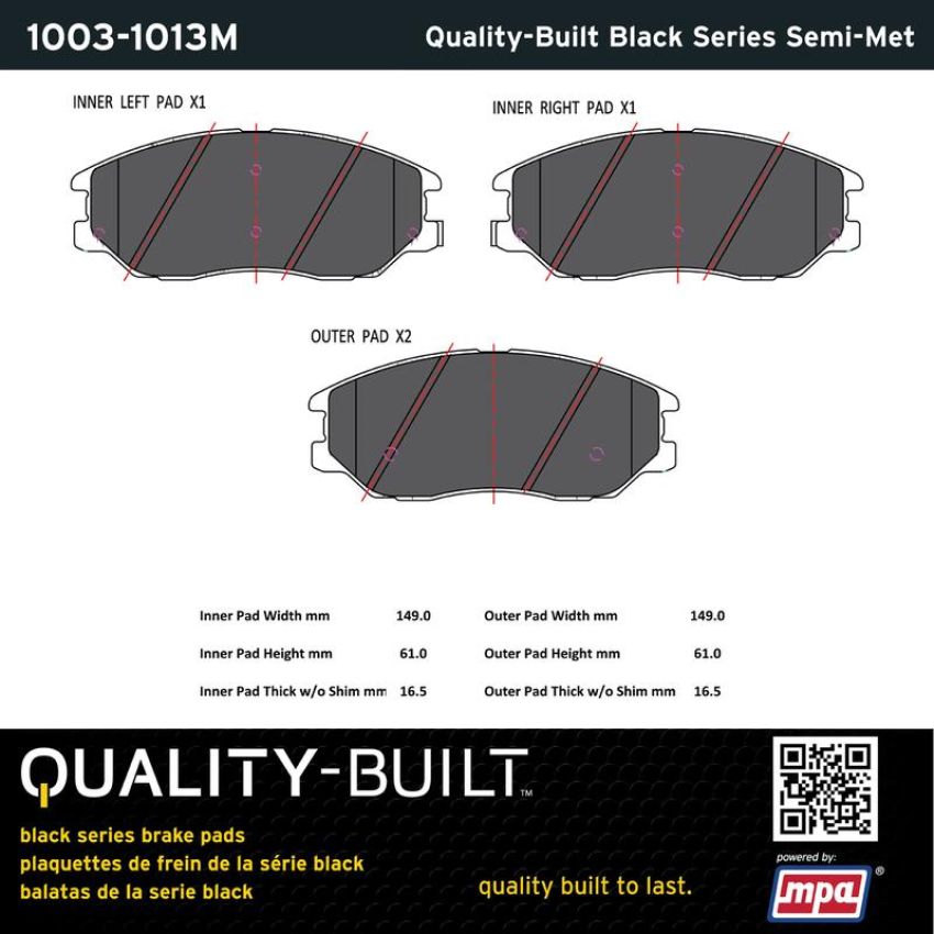 MPA 1003-1013M Quality-Built Black Series Semi-Metallic Brake Pads w/ Hardware