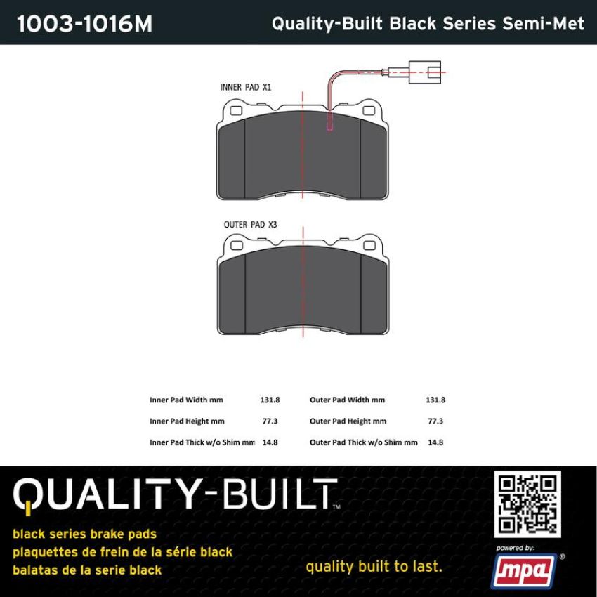 MPA 1003-1016M Quality-Built Black Series Semi-Metallic Brake Pads