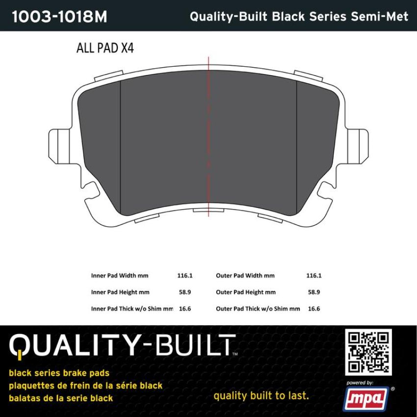 MPA 1003-1018M Quality-Built Black Series Semi-Metallic Brake Pads w/ Hardware