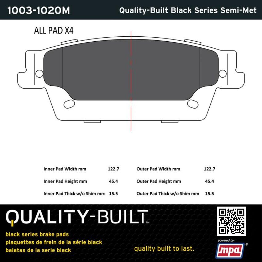 MPA 1003-1020M Quality-Built Black Series Semi-Metallic Brake Pads w/ Hardware