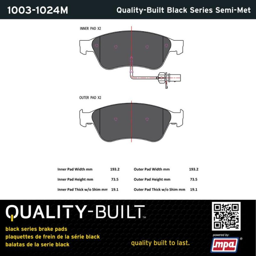 MPA 1003-1024M Quality-Built Black Series Semi-Metallic Brake Pads w/ Hardware