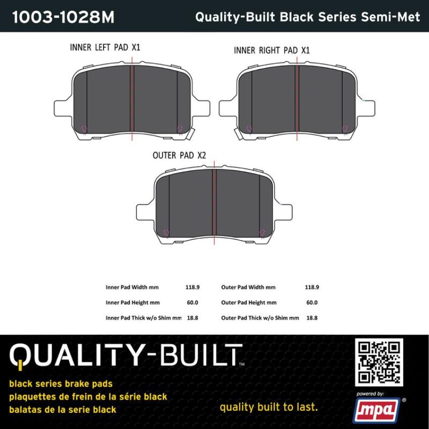 MPA 1003-1028M Quality-Built Black Series Semi-Metallic Brake Pads w/ Hardware