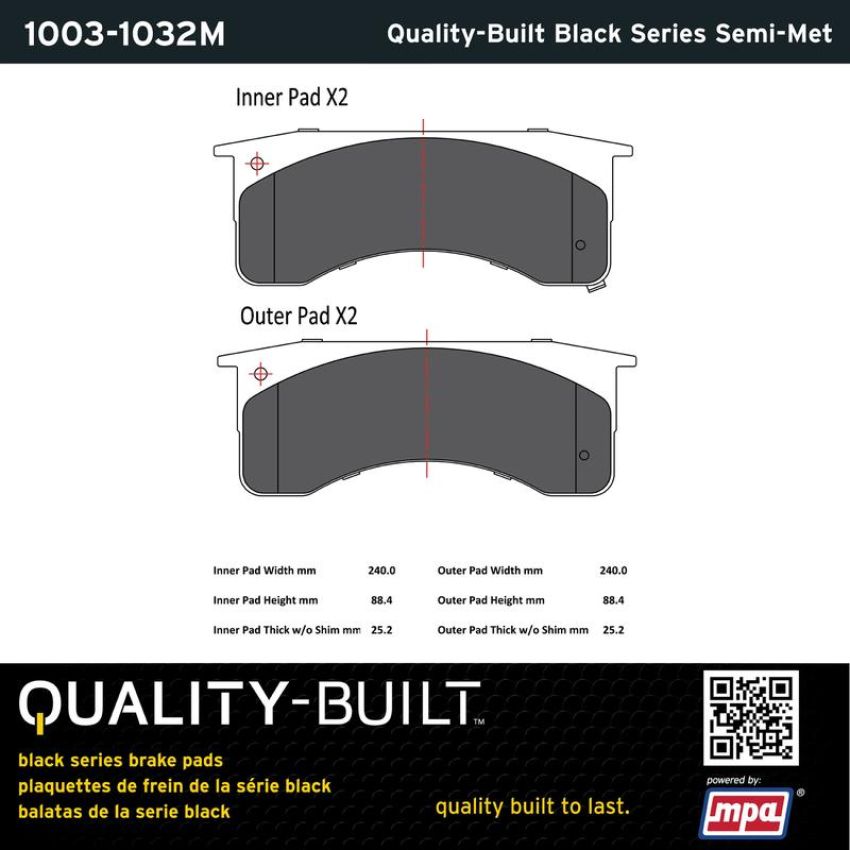 MPA 1003-1032M Quality-Built Black Series Semi-Metallic Brake Pads w/ Hardware