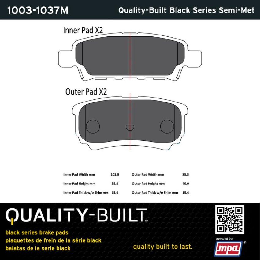 MPA 1003-1037M Quality-Built Black Series Semi-Metallic Brake Pads w/ Hardware