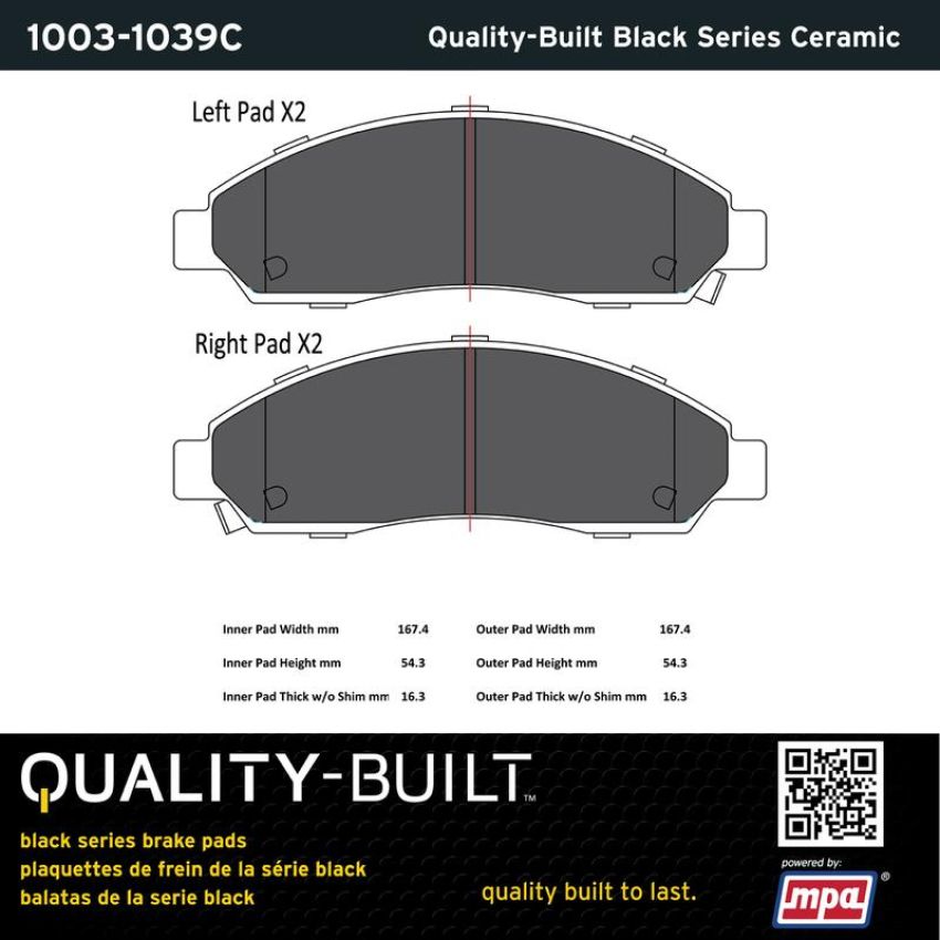 MPA 1003-1039C Quality-Built Black Series Ceramic Brake Pads w/ Hardware