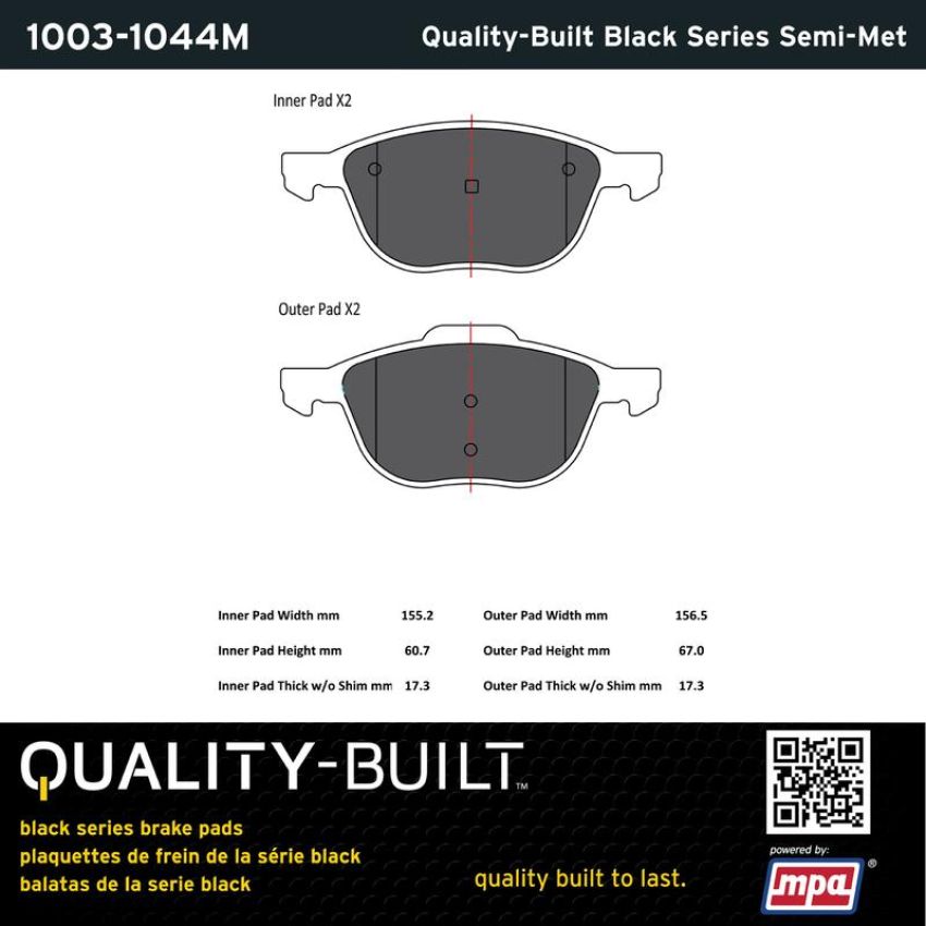 MPA 1003-1044M Quality-Built Black Series Semi-Metallic Brake Pads w/ Hardware