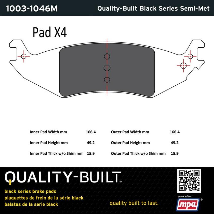 MPA 1003-1046M Quality-Built Black Series Semi-Metallic Brake Pads w/ Hardware