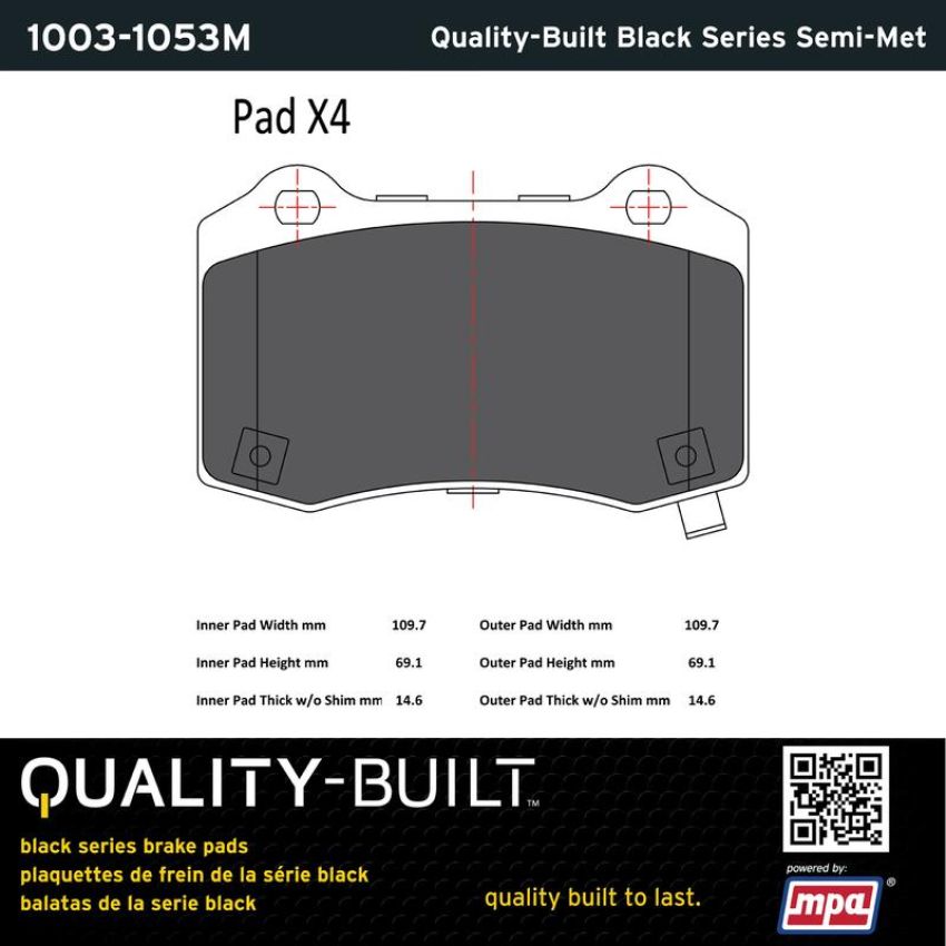 MPA 1003-1053M Quality-Built Black Series Semi-Metallic Brake Pads w/ Hardware