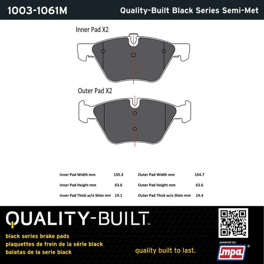 MPA 1003-1061M Quality-Built Black Series Semi-Metallic Brake Pads w/ Hardware