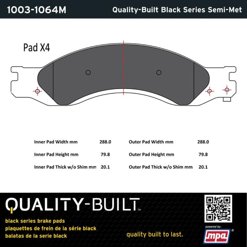 MPA 1003-1064M Quality-Built Black Series Semi-Metallic Brake Pads w/ Hardware