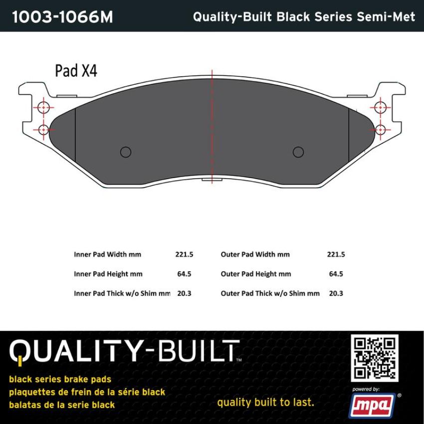 MPA 1003-1066M Quality-Built Black Series Semi-Metallic Brake Pads w/ Hardware