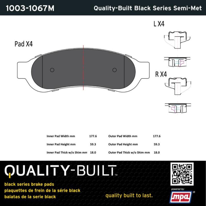 MPA 1003-1067M Quality-Built Black Series Semi-Metallic Brake Pads w/ Hardware