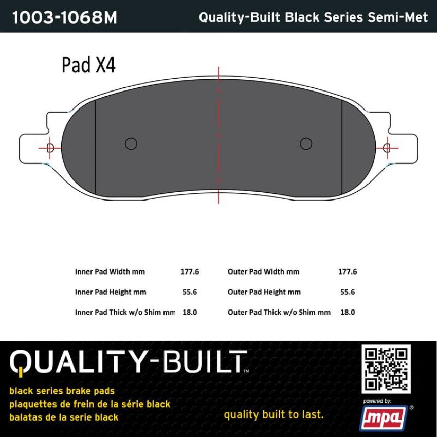 MPA 1003-1068M Quality-Built Black Series Semi-Metallic Brake Pads w/ Hardware