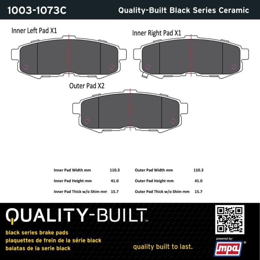 MPA 1003-1073C Quality-Built Black Series Ceramic Brake Pads w/ Hardware