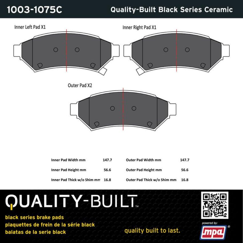 MPA 1003-1075C Quality-Built Black Series Ceramic Brake Pads w/ Hardware