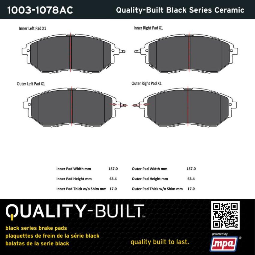 MPA 1003-1078AC Quality-Built Black Series Ceramic Brake Pads w/ Hardware
