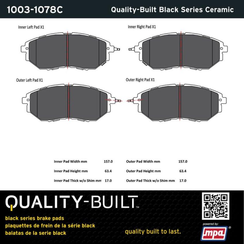 MPA 1003-1078C Quality-Built Black Series Ceramic Brake Pads w/ Hardware