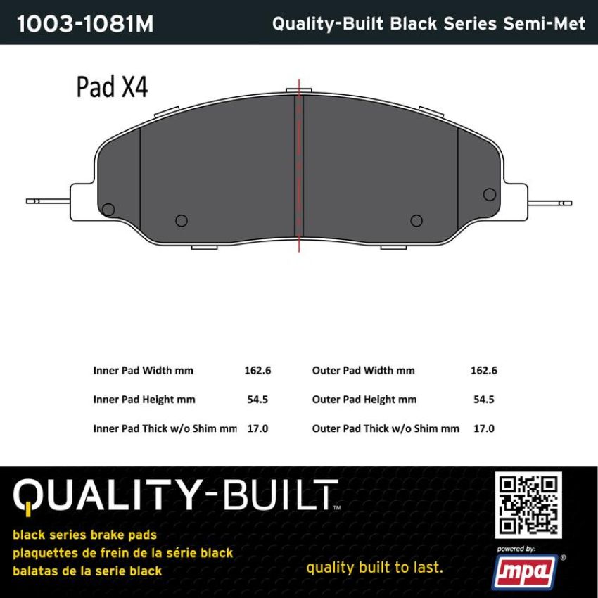 MPA 1003-1081M Quality-Built Black Series Semi-Metallic Brake Pads w/ Hardware